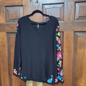 Michelle Nicole Black Top with Colorful Floral Embroidery